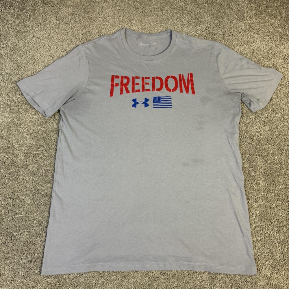 Under Armour Shirt Mens L Gray Freedom US Flag Logo Tagless Crew Neck Cotton